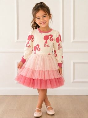Barbie Cream and Pink Layered Tulle Dress with Logo Print
